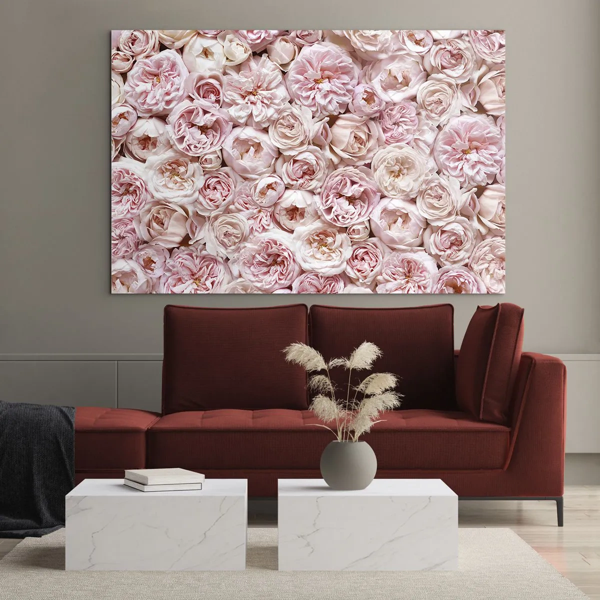 Obraz na skle - Pastelové ruže v hustom kvetinovom aranžmáne - 70x50cm - Vydláždená ružami - Moderná nástenná dekorácia do obývacej izby a spálne ARTTOR