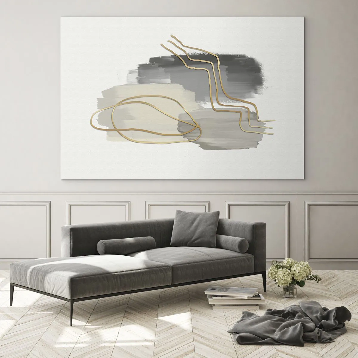 Obraz na skle - Abstrakcia so sivými škvrnami a zlatými čiarami na svetlom pozadí - 70x50cm - Trvanie a pohyb - Moderná nástenná dekorácia do obývacej izby a spálne ARTTOR