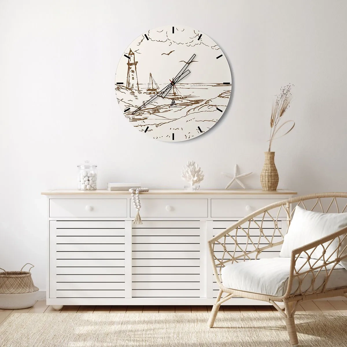 Nástenné hodiny - Ilustrácia majáka s plachetnicou a vtákmi na pozadí oblohy - 30x30cm - Náčrt letných spomienok - Moderná nástenná dekorácia do obývacej izby, kuchyne a spálne ARTTOR