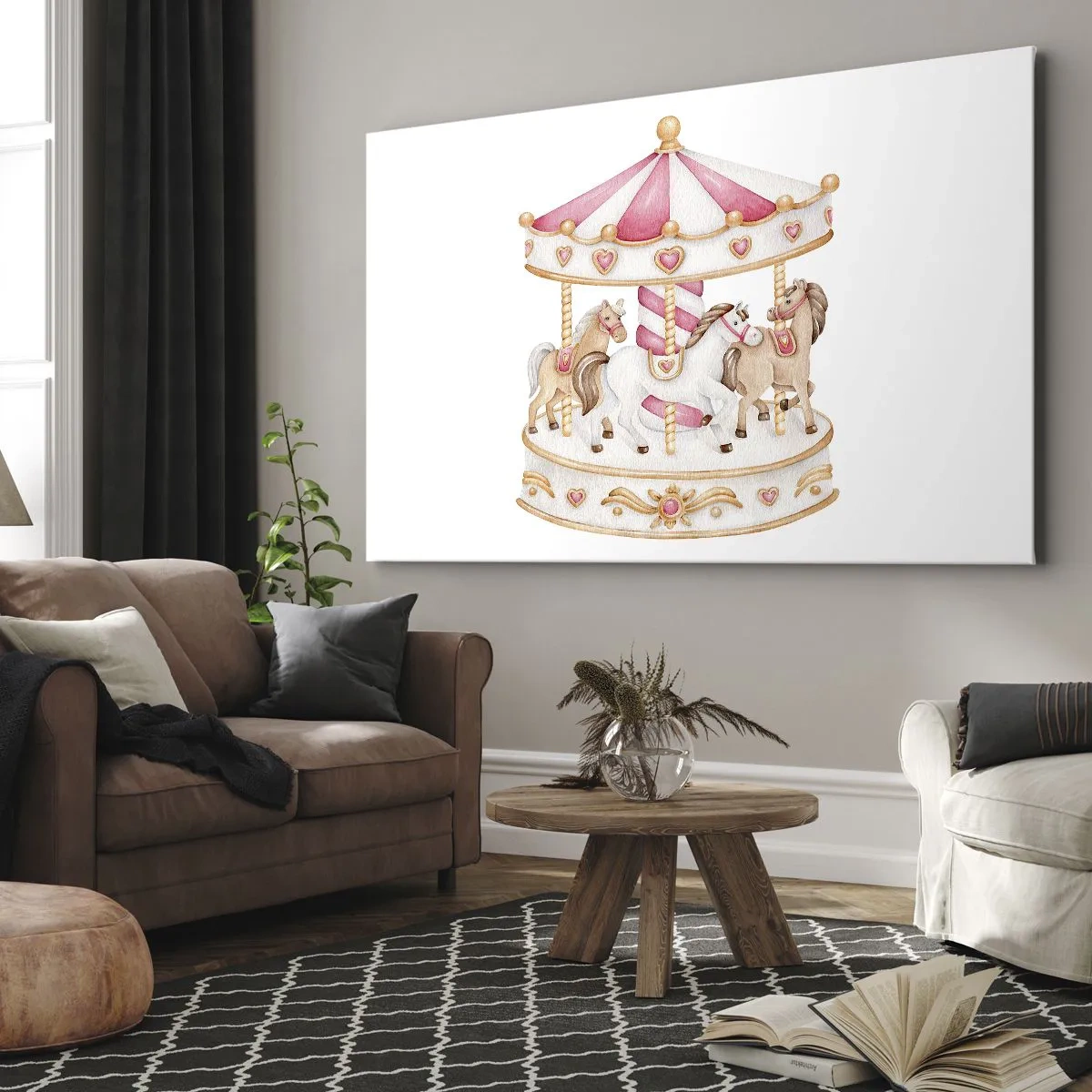 Obraz na plátne - Farebný vinobranie kolotoč s koňmi - 70x50cm - Sladký svet detstva - Moderná nástenná dekorácia do obývacej izby a spálne ARTTOR