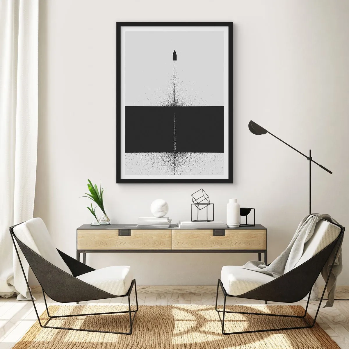 Plagát v čiernom ráme - Minimalistická abstrakcia s raketou na rozdelenom pozadí - 50x70cm - Priamo k cieľu - Moderná nástenná dekorácia do obývacej izby a spálne ARTTOR