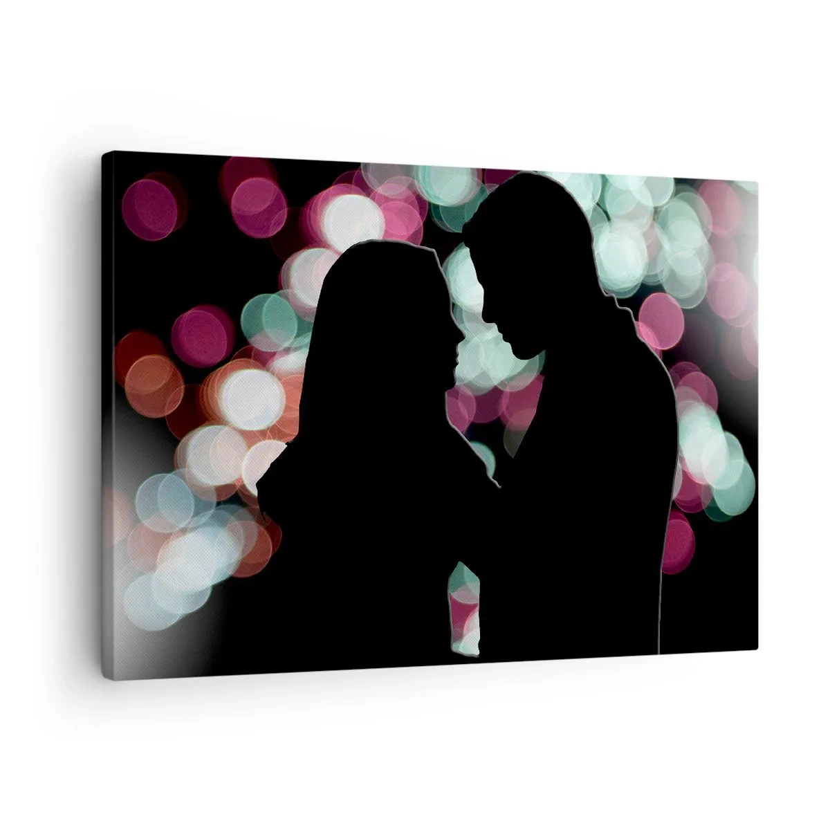 Obraz na plátne - Siluety páru na pozadí farebných bokeh svetiel - 70x50cm - Áno! - Moderná nástenná dekorácia do obývacej izby a spálne ARTTOR