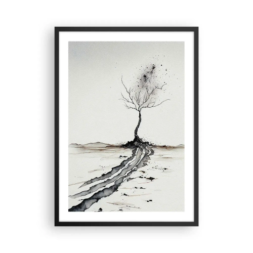 Plagát v čiernom ráme - Minimalistický strom s abstraktnými koreňmi - 50x70cm - Zimná melanchólia - Moderná nástenná dekorácia do obývacej izby a spálne ARTTOR
