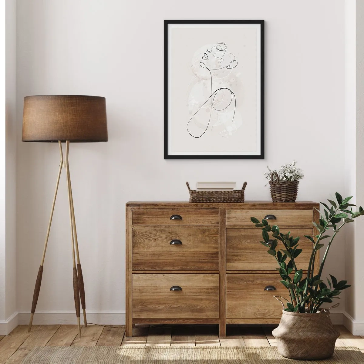 Plagát v čiernom ráme - Obrysová čiara postavy na pozadí jemných pastelových tvarov - 50x70cm - Špirála krásy - Moderná nástenná dekorácia do obývacej izby a spálne ARTTOR