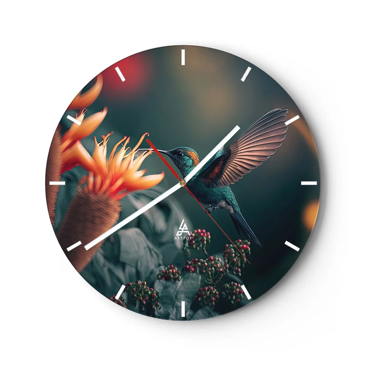 Nástenné hodiny - Kolibrík sa vznáša nad exotickým pomarančovým kvetom. - 30x30cm - Skutočne pestrý život - Moderná nástenná dekorácia do obývacej izby, kuchyne a spálne ARTTOR