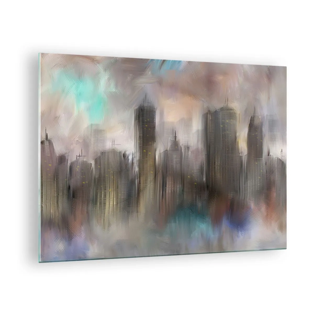 Obraz na skle - Abstraktný obraz mesta s mrakodrapmi - 70x50cm - Kompozícia z ocele, kameňa a hmly - Moderná nástenná dekorácia do obývacej izby a spálne ARTTOR
