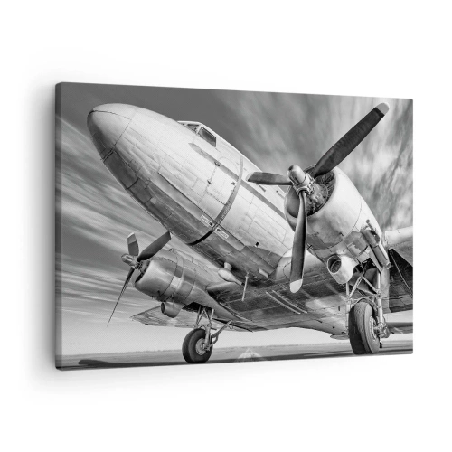 Obraz na plátne - Čiernobiely obrázok klasického lietadla s viditeľnými štrukturálnymi detailmi. - 70x50cm - Vždy pripravený na let - Moderná nástenná dekorácia do obývacej izby a spálne ARTTOR