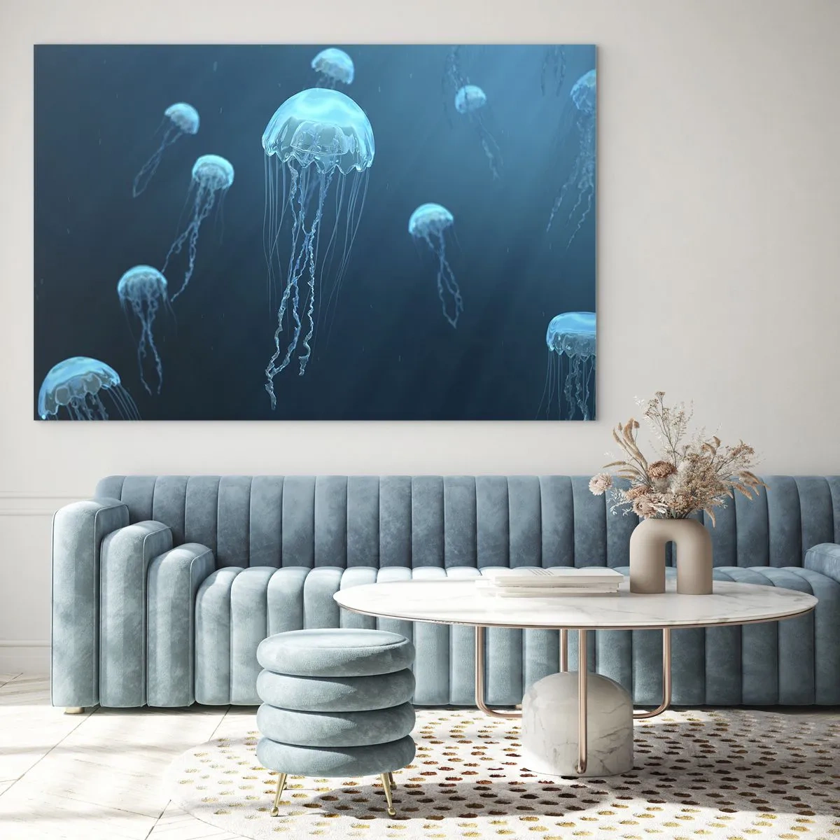 Obraz na skle - Medúzy plávajúce v hlbokom modrom oceáne - 70x50cm - Oceánsky tanec - Moderná nástenná dekorácia do obývacej izby a spálne ARTTOR