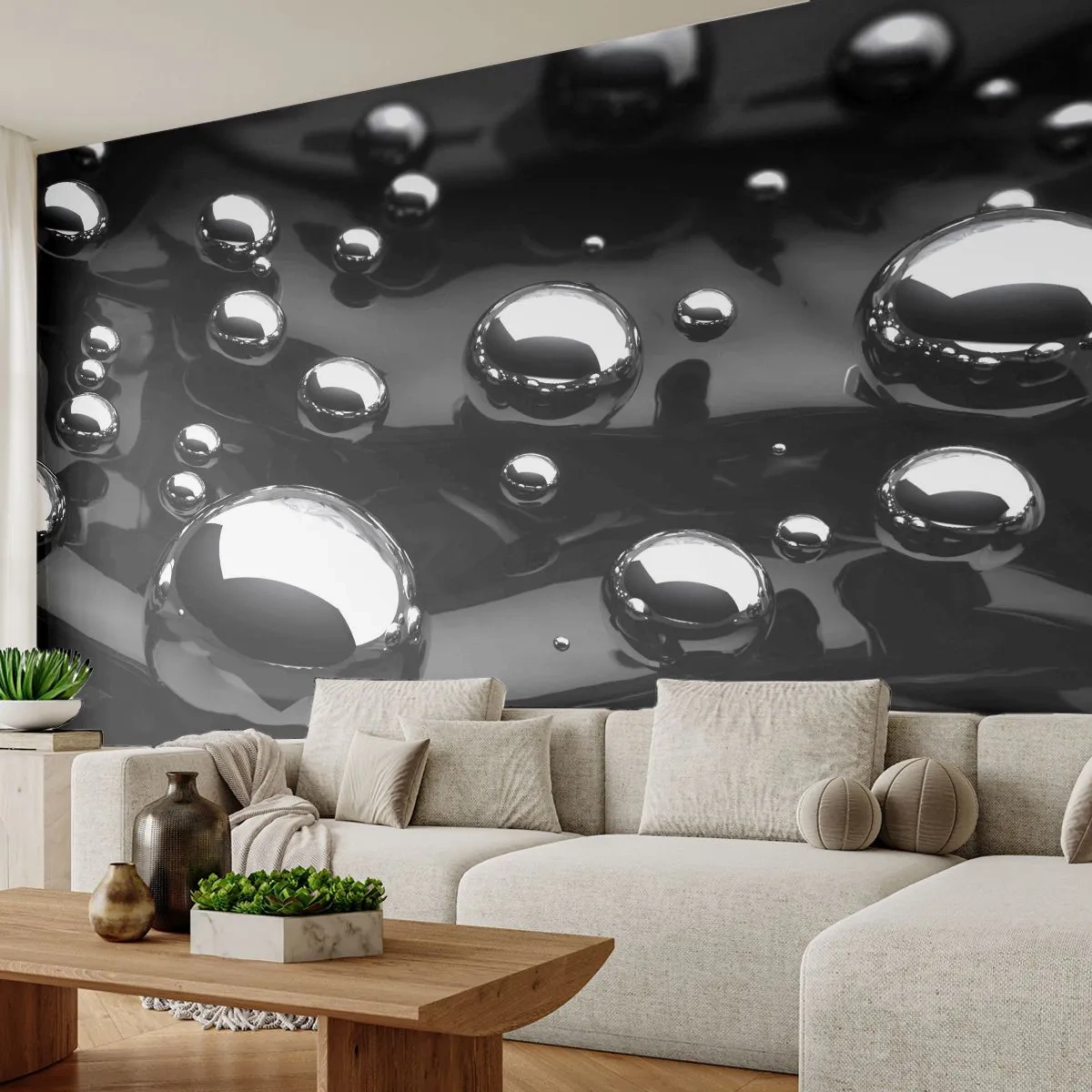Samolepiaca Fototapeta Deluxe Sticker - Z čiernej tône - Abstrakcia, Chrómové gule, 3D - 250x175 cm