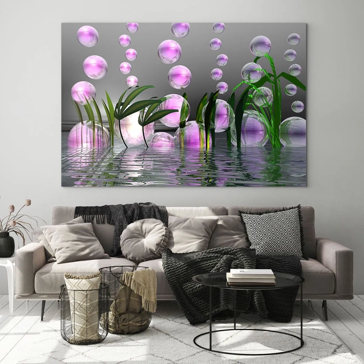 Obraz na skle - Fialové bubliny plávajúce nad vodou s rastlinami - 70x50cm - Reflexná kompozícia ľahkosti a života - Moderná nástenná dekorácia do obývacej izby a spálne ARTTOR