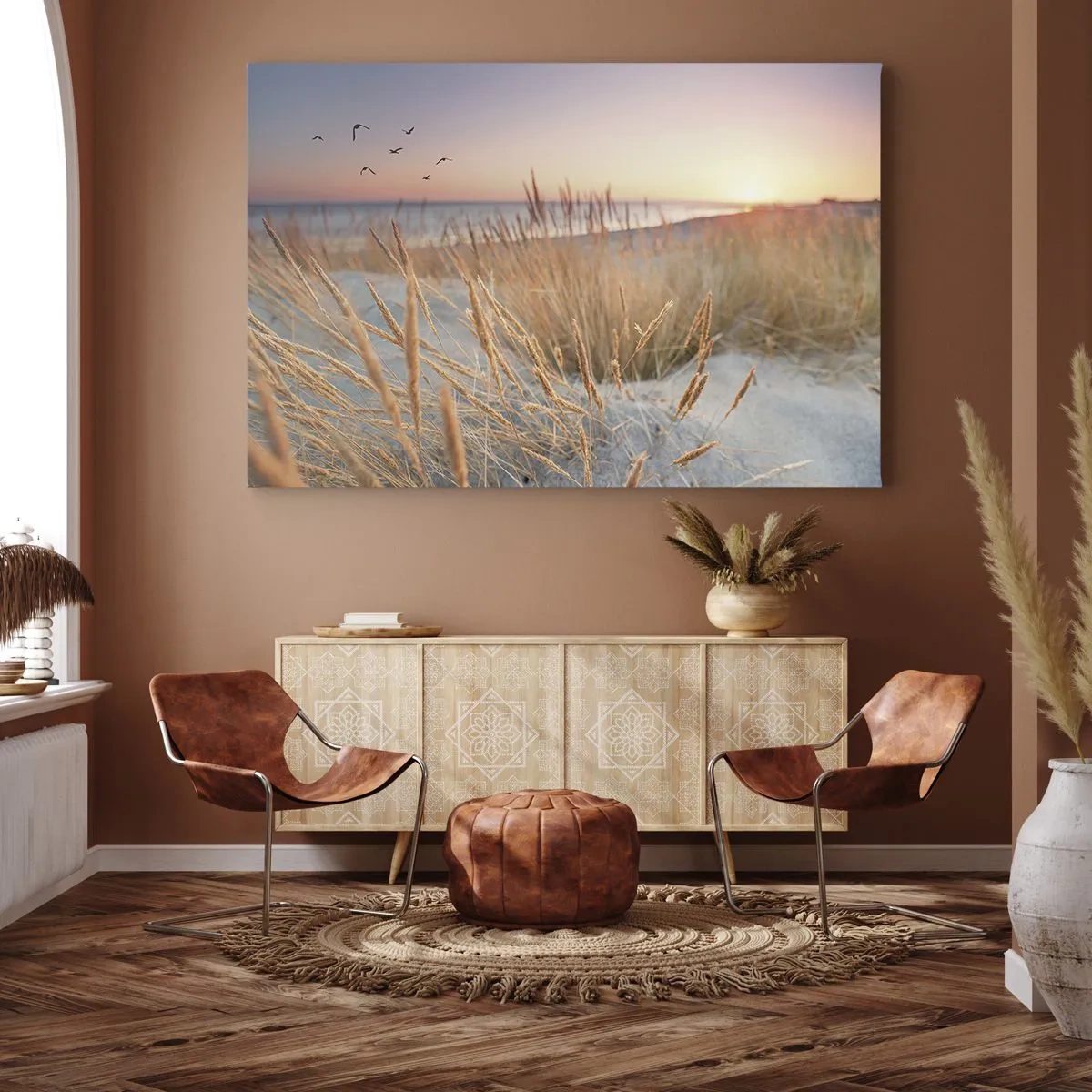 Obraz na plátne - Pláž pri západe slnka s vysokou trávou - 70x50cm - Baltská uspávanka - Moderná nástenná dekorácia do obývacej izby a spálne ARTTOR