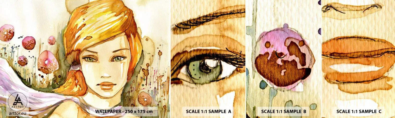 Vzorka samolepiacej fototapety Deluxe Sticker - Smaragdový pohľad, ktorý utišuje hnev - Žena, Lúka, Móda - 100x30 cm