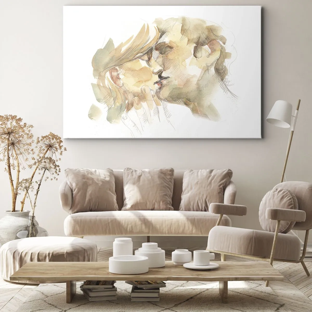 Obraz na plátne - Romantický akvarelový portrét bozkávajúceho sa páru - 70x50cm - Nájdená polovica? - Moderná nástenná dekorácia do obývacej izby a spálne ARTTOR
