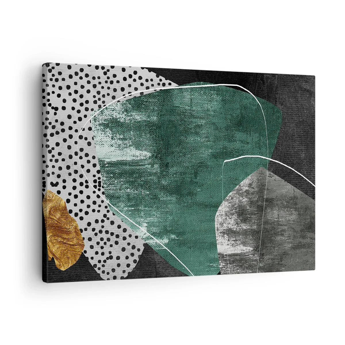 Obraz na plátne - Abstraktná kompozícia so zelenými tvarmi a bodkovými vzormi - 70x50cm - Farebná abstrakcia so zlatou vločkou - Moderná nástenná dekorácia do obývacej izby a spálne ARTTOR