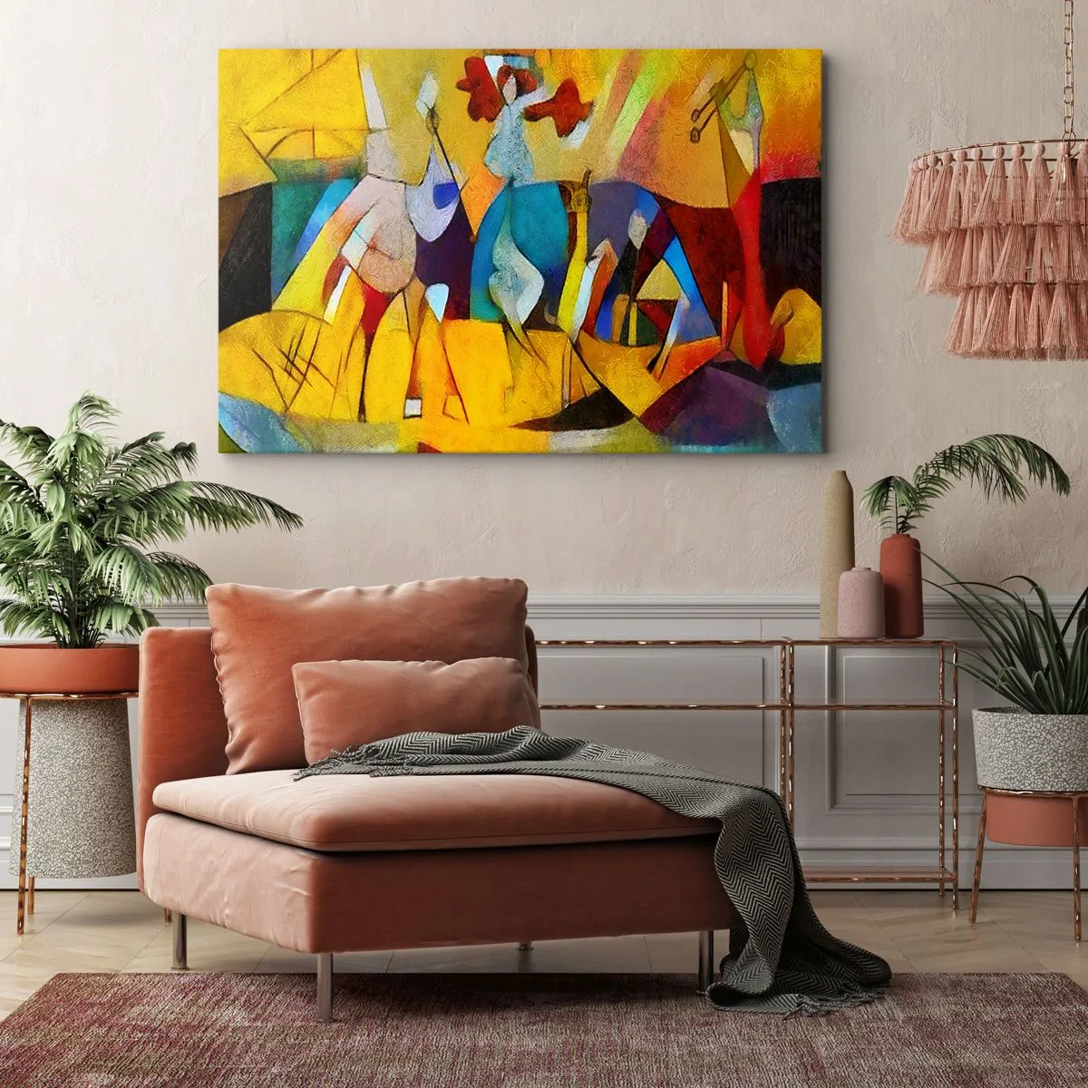 Obraz na plátne - Farebná abstrakcia zobrazujúca postavy v geometrickom tvare - 70x50cm - Slnko - život - radosť - Moderná nástenná dekorácia do obývacej izby a spálne ARTTOR