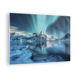 Obraz na skle - Polárna žiara nad zasneženými horami - 70x50cm - Noc plná svetla - Moderná nástenná dekorácia do obývacej izby a spálne ARTTOR