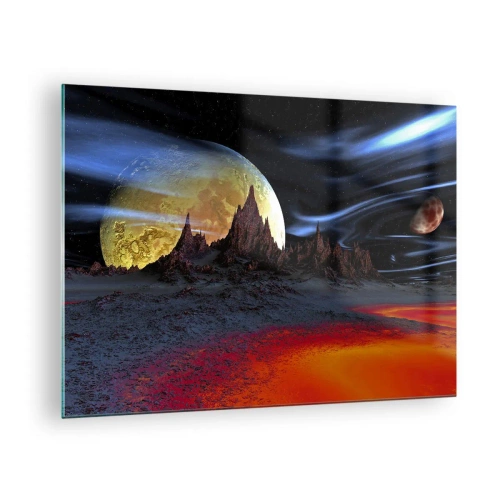 Obraz na skle - Mimozemská krajina s planétou a farebnou oblohou - 70x50cm - Neznámy svet - Moderná nástenná dekorácia do obývacej izby a spálne ARTTOR