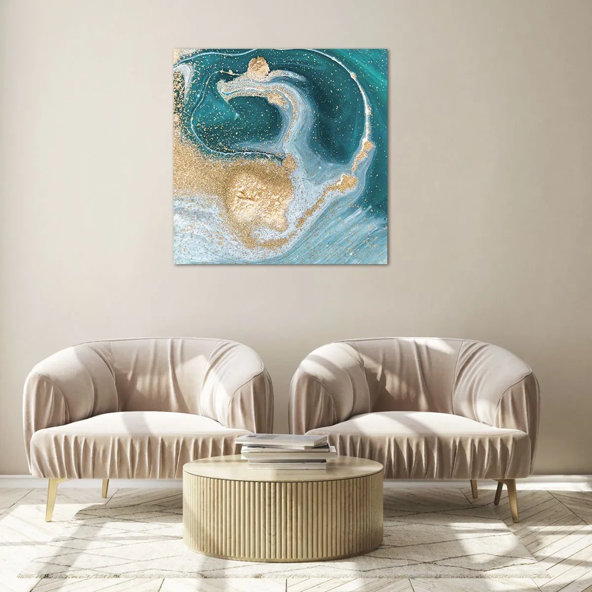 Obraz na skle - Vír zlatej a tyrkysovej - 70x70 cm