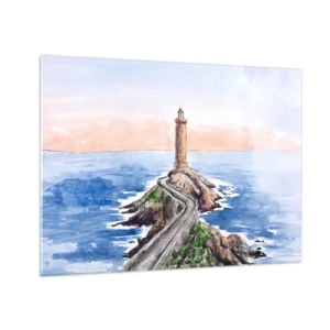 Obraz na skle - Maják na skalnatom výbežku obklopený pokojným morom - 70x50cm - Tvárou v tvár moru - Moderná nástenná dekorácia do obývacej izby a spálne ARTTOR