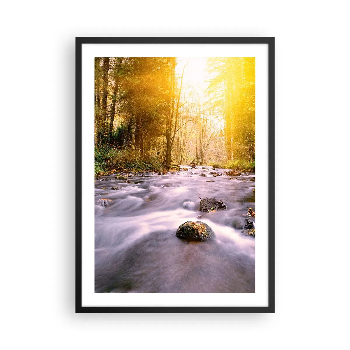 Plagát v čiernom ráme - Potok v lese na slnku - 50x70cm - Malachit v strieborno-zlatej podobe - Moderná nástenná dekorácia do obývacej izby a spálne ARTTOR