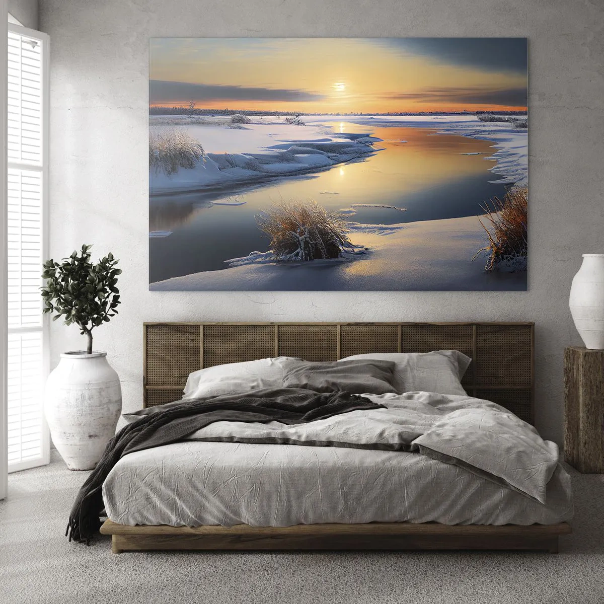Obraz na skle - Zimná krajina so západom slnka nad zamrznutou riekou - 70x50cm - Zimný západ slnka - Moderná nástenná dekorácia do obývacej izby a spálne ARTTOR