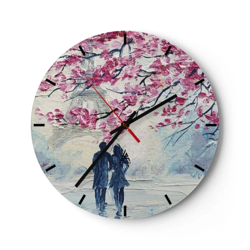 Nástenné hodiny - Romantický obraz páru pod kvitnúcimi ružovými stromami - 30x30cm - Romantická prechádzka - Moderná nástenná dekorácia do obývacej izby, kuchyne a spálne ARTTOR