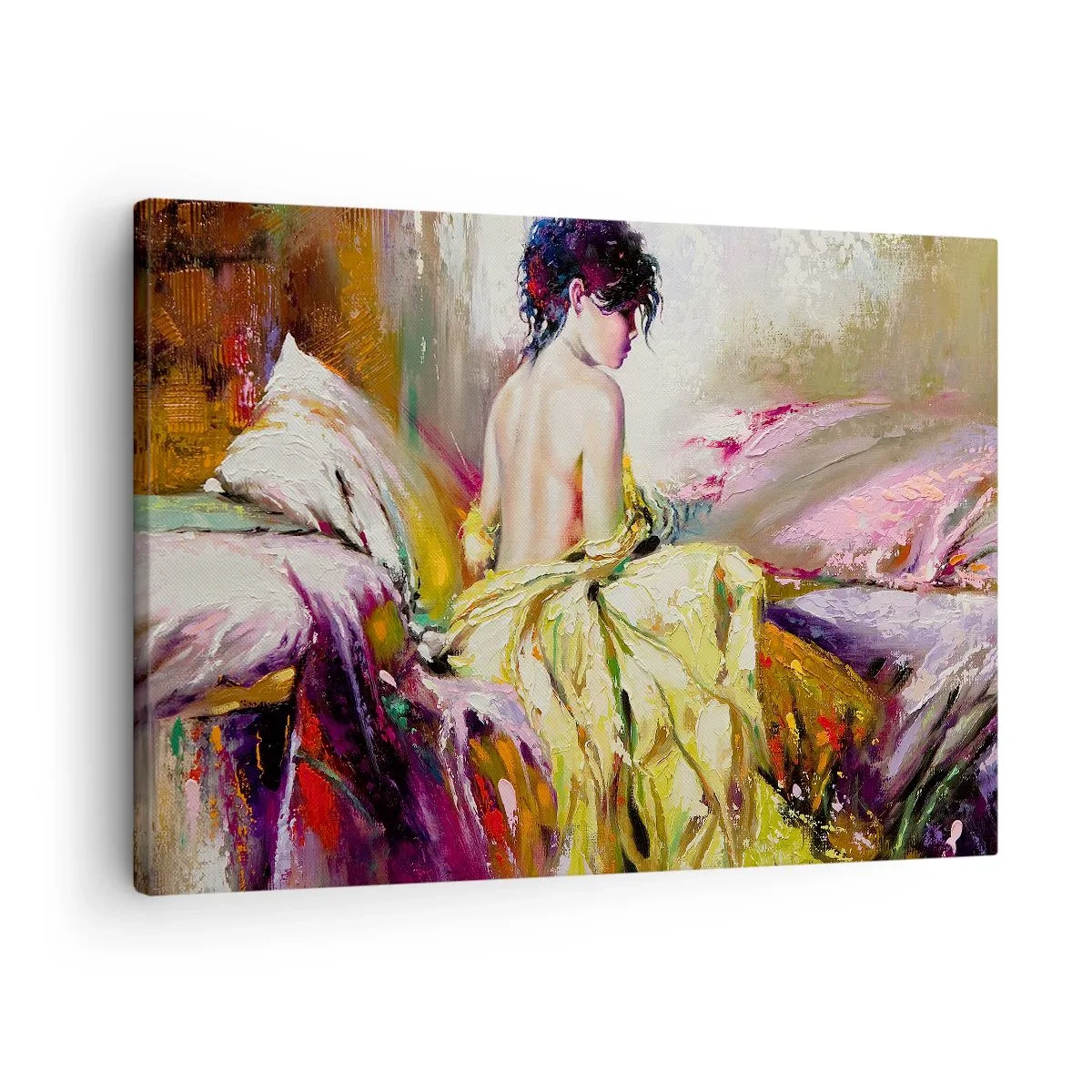 Obraz na plátne - Maliarsky výjav ženy na posteli v romantickej atmosfére - 70x50cm - Medzi ústami a okrajom pohára - Moderná nástenná dekorácia do obývacej izby a spálne ARTTOR