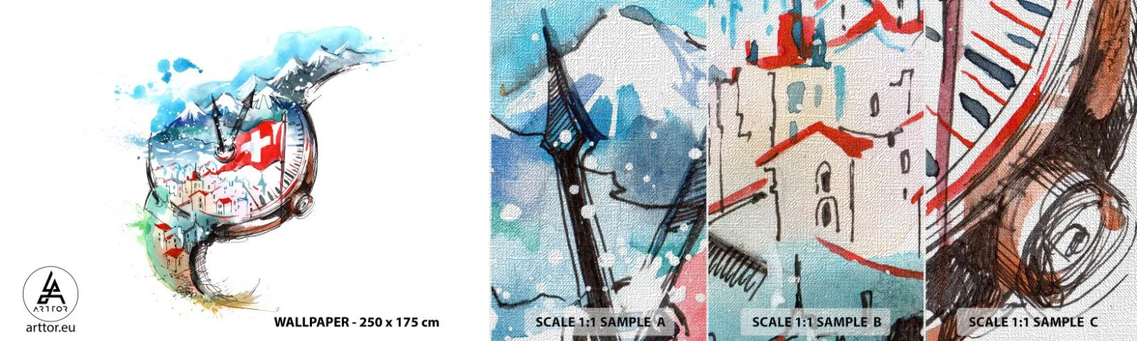 Vzorka fototapety Premium Canvas - Duch Švajčiarska - Abstrakcia, Švajčiarske hodinky, Alpy - 100x30 cm