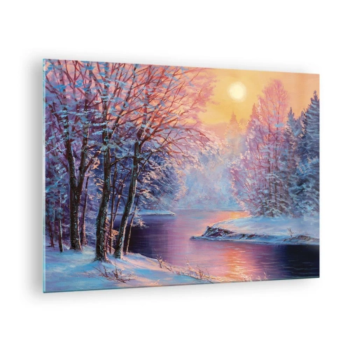 Obraz na skle - Zimná krajina s riekou a západom slnka - 70x50cm - Farby zimy - Moderná nástenná dekorácia do obývacej izby a spálne ARTTOR