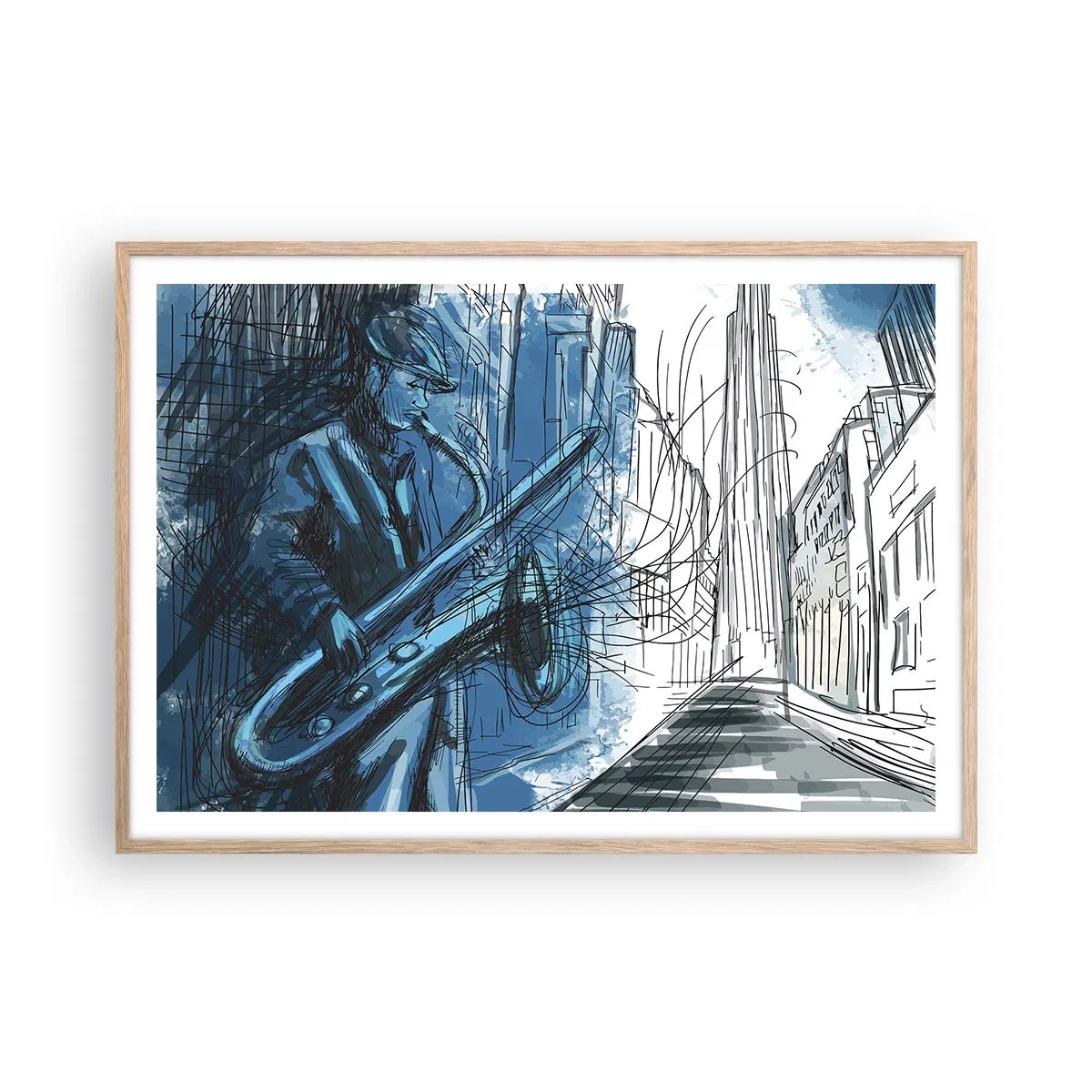 Plagát v ráme zo svetlého duba - Mestská rapsódia - 100x70 cm