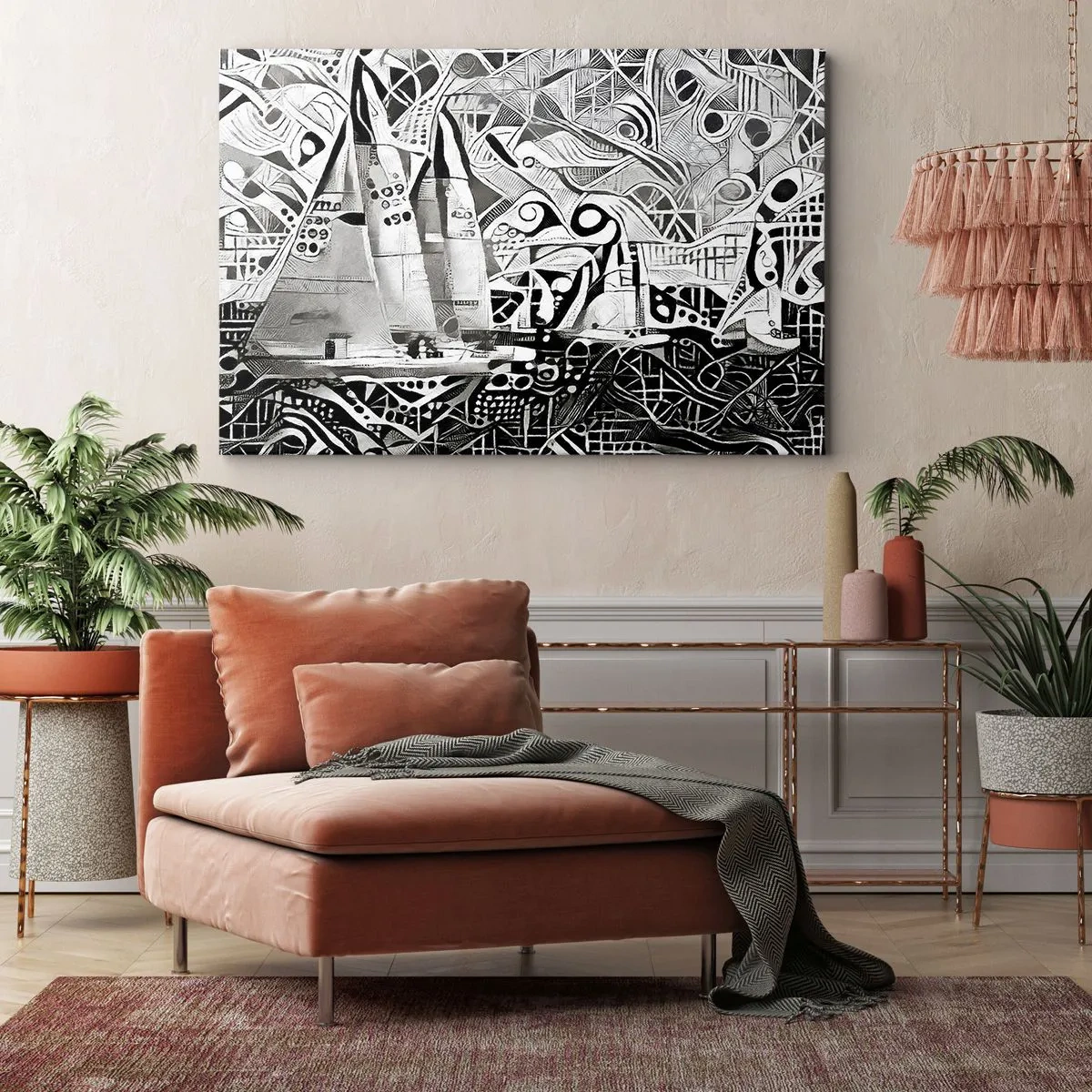 Obraz na plátne - Abstraktné plachetnice v monochromatickej kompozícii - 70x50cm - Medzi vlnami - Moderná nástenná dekorácia do obývacej izby a spálne ARTTOR