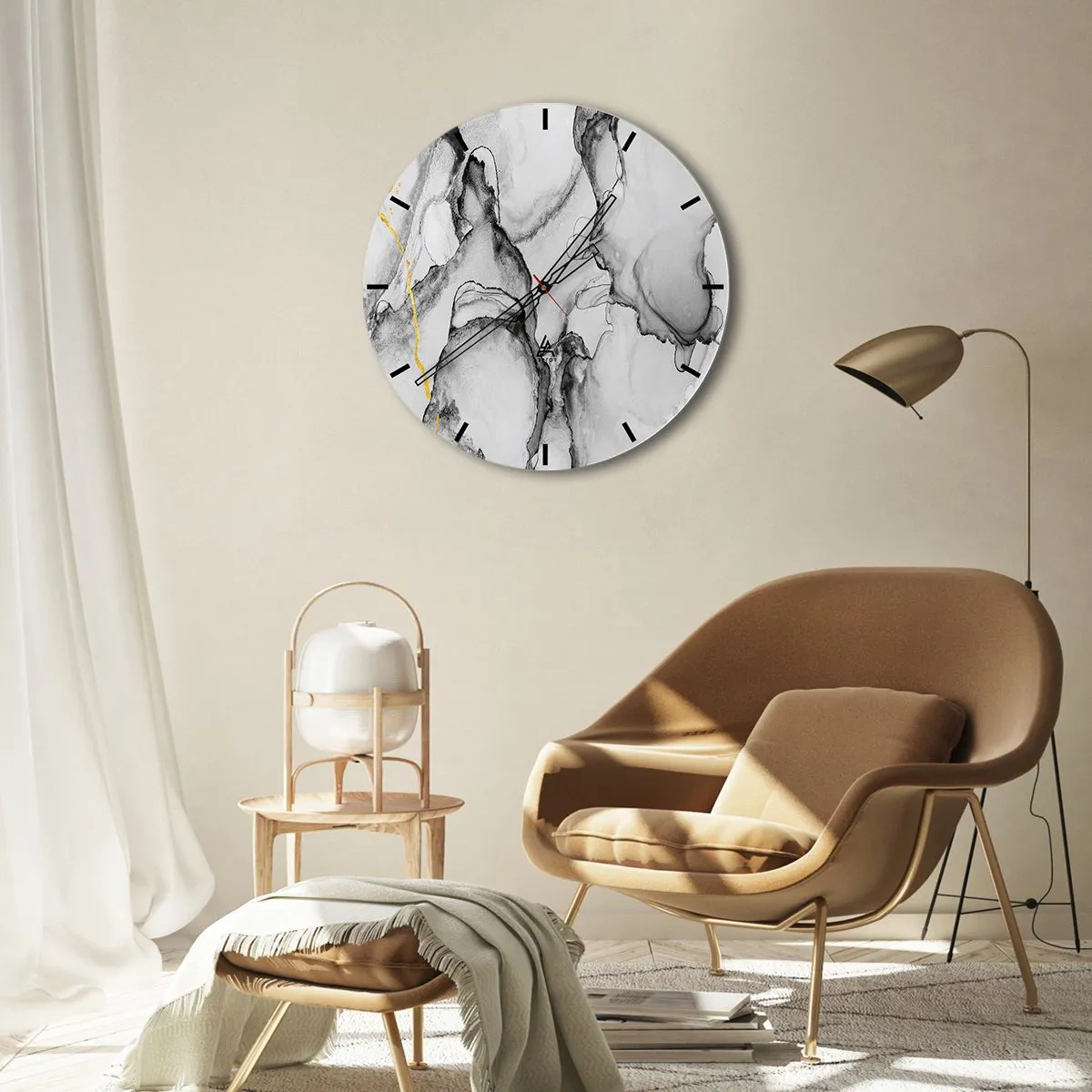 Nástenné hodiny - Abstraktná kompozícia v odtieňoch sivej so zlatým nádychom. - 30x30cm - Kompozícia so zlatým motívom - Moderná nástenná dekorácia do obývacej izby, kuchyne a spálne ARTTOR