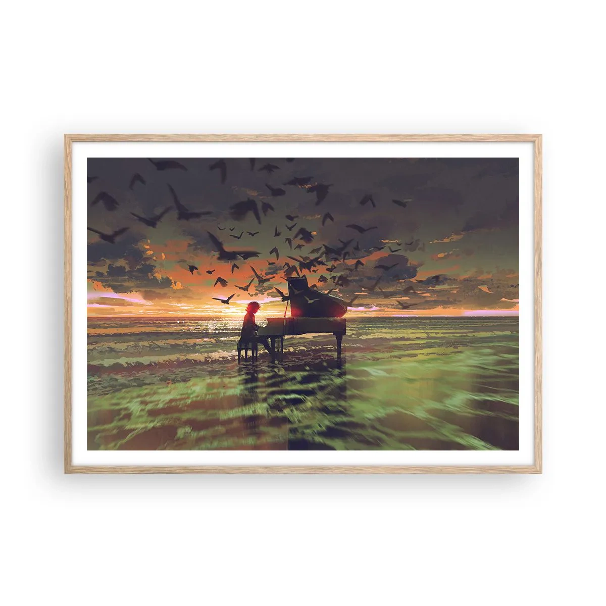 Plagát v ráme zo svetlého duba - Koncert na piano a vlny - 100x70 cm
