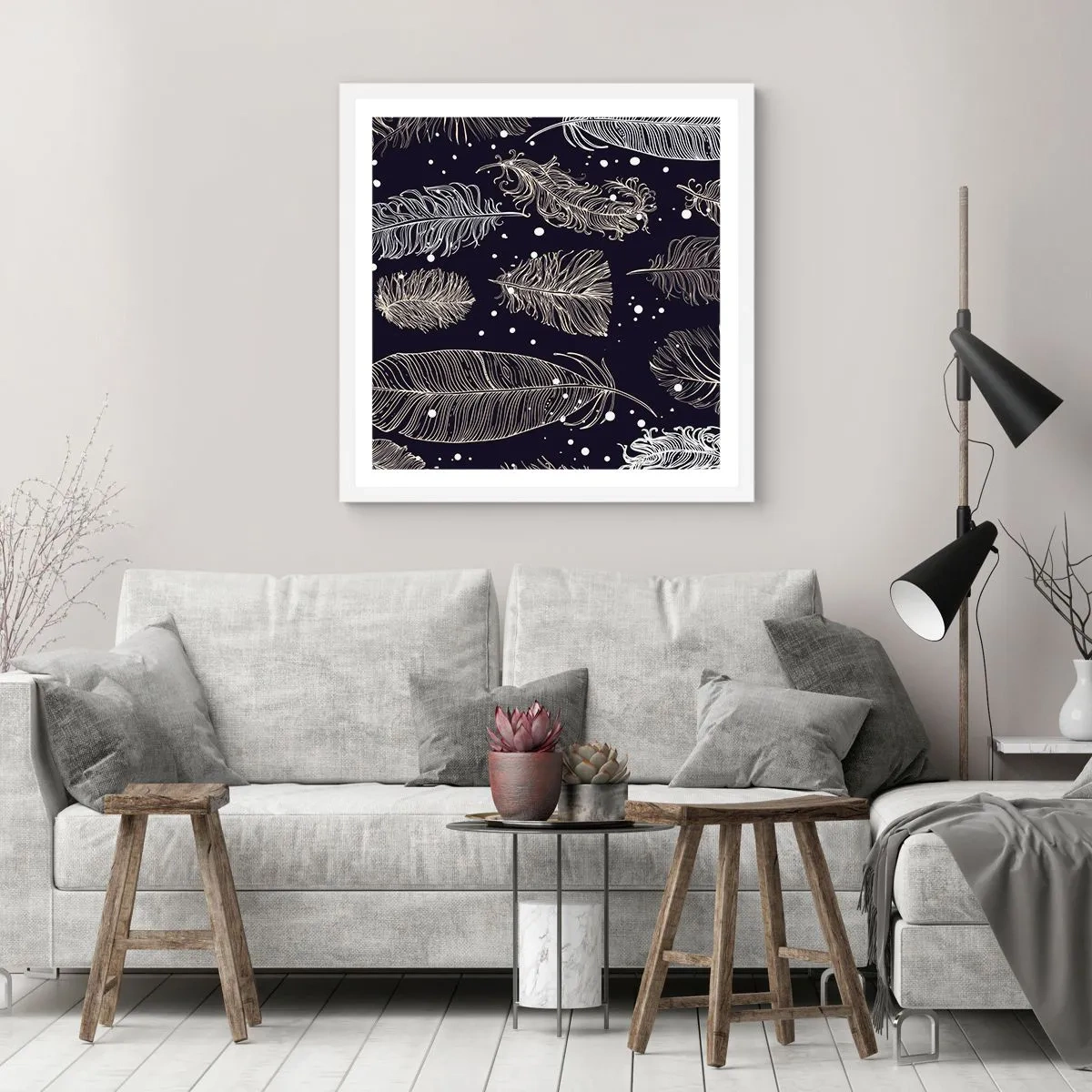 Plagát v bielom ráme - Čipka s perím - 50x50 cm