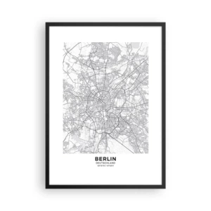 Plagát v čiernom ráme - Čiernobiela mapa Berlína s presne zakreslenými ulicami. - 50x70cm - Kvet Berlína - Moderná nástenná dekorácia do obývacej izby a spálne ARTTOR