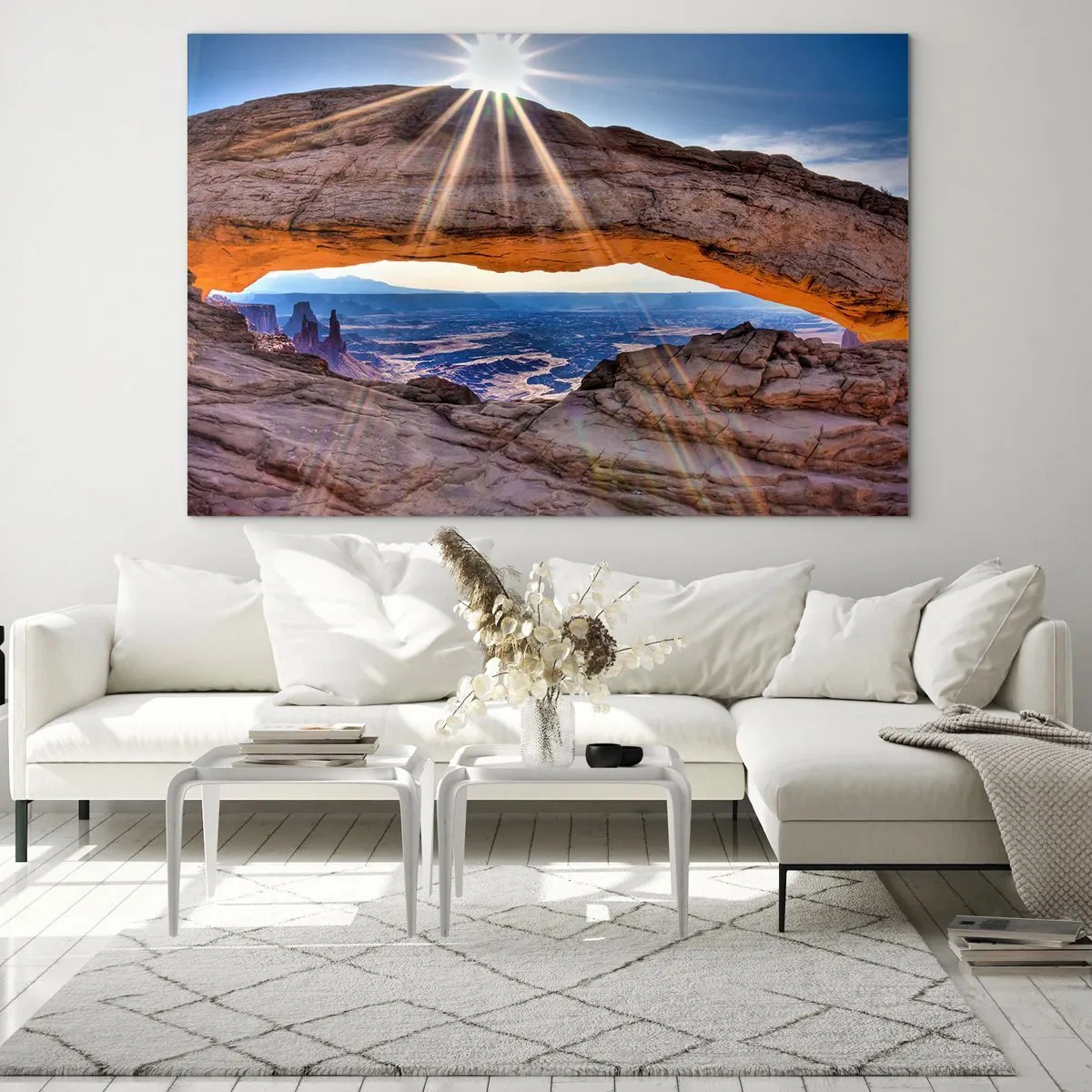 Obraz na skle - Skalný oblúk so slnečnými lúčmi na pozadí krajiny - 70x50cm - Skalnou bránou - Moderná nástenná dekorácia do obývacej izby a spálne ARTTOR
