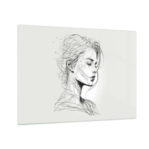 Obraz na skle - Čiernobiela skica ženy so zatvorenými očami v jemnej línii. - 70x50cm - Portrét v zamyslení - Moderná nástenná dekorácia do obývacej izby a spálne ARTTOR
