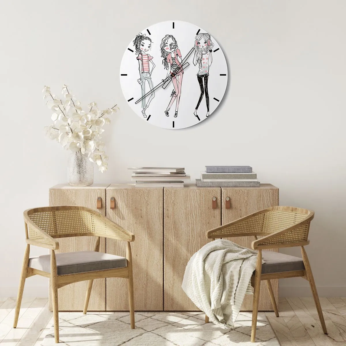 Nástenné hodiny - Tri dievčatá v modernom štýle - 30x30cm - Bude, bude zábava - Moderná nástenná dekorácia do obývacej izby, kuchyne a spálne ARTTOR