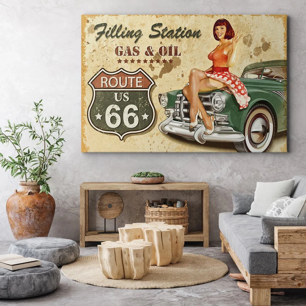 Obraz na plátne - Retro plagát Route 66 s pin-up dievčaťom a autom - 70x50cm - Skvelé 40. roky - Moderná nástenná dekorácia do obývacej izby a spálne ARTTOR