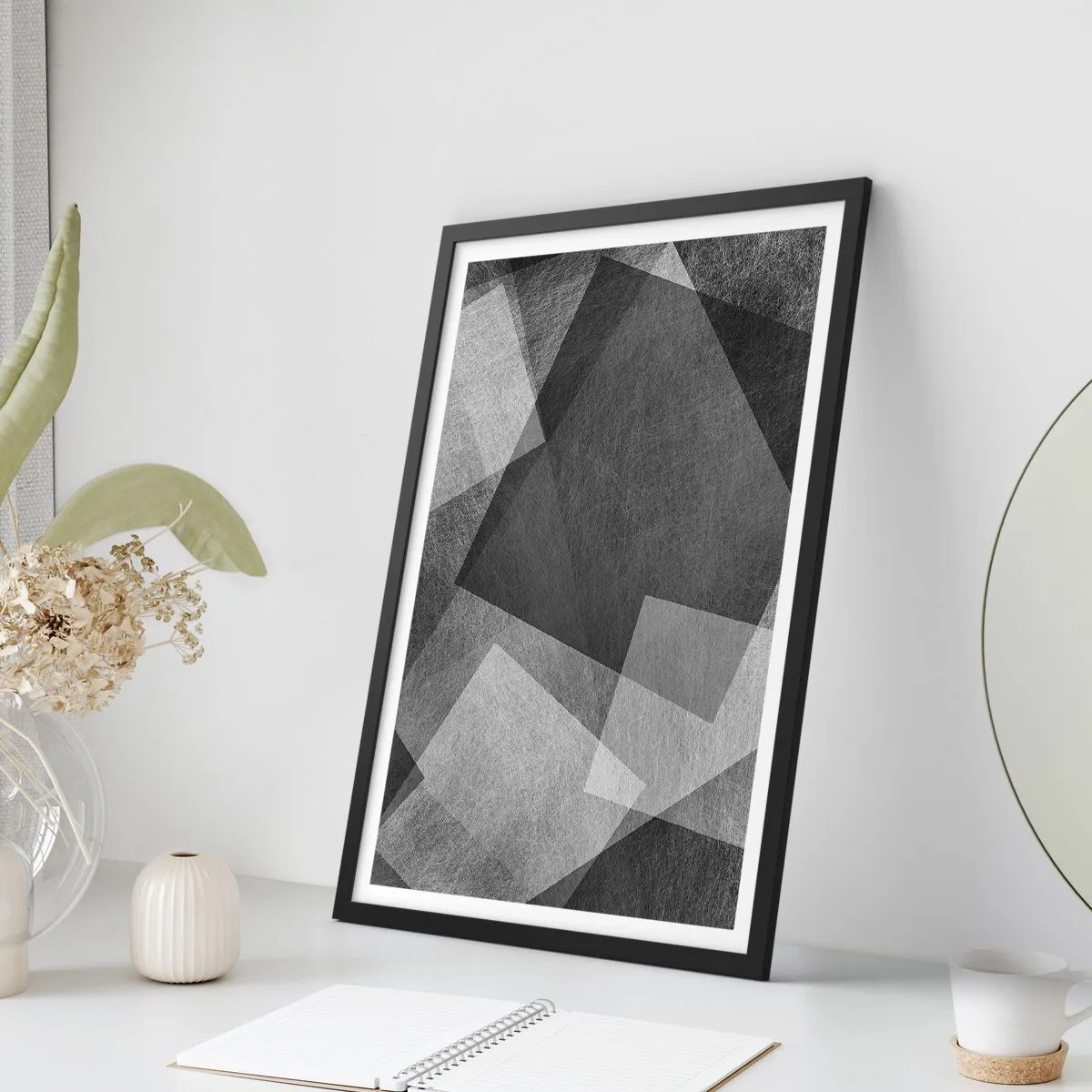 Plagát v čiernom ráme - Čiernobiela abstrakcia s geometrickými tvarmi - 50x70cm - Odveký symbol trvalosti a poriadku - Moderná nástenná dekorácia do obývacej izby a spálne ARTTOR