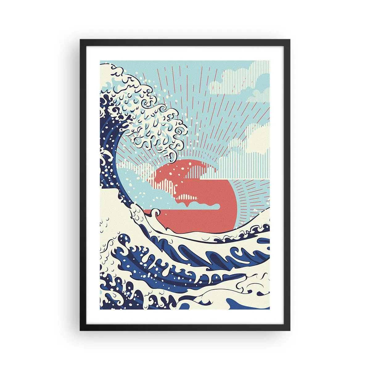 Plagát v čiernom ráme - Japonskom inšpirovaná grafická vlna s červeným slnkom - 50x70cm - Z japonských inšpirácií - Moderná nástenná dekorácia do obývacej izby a spálne ARTTOR