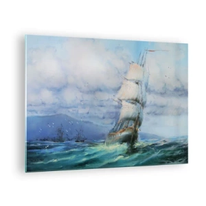 Obraz na skle - Loď s plachtami plávajúca po rozbúrenom mori pod zamračenou oblohou - 70x50cm - Šťastnú cestu - Moderná nástenná dekorácia do obývacej izby a spálne ARTTOR