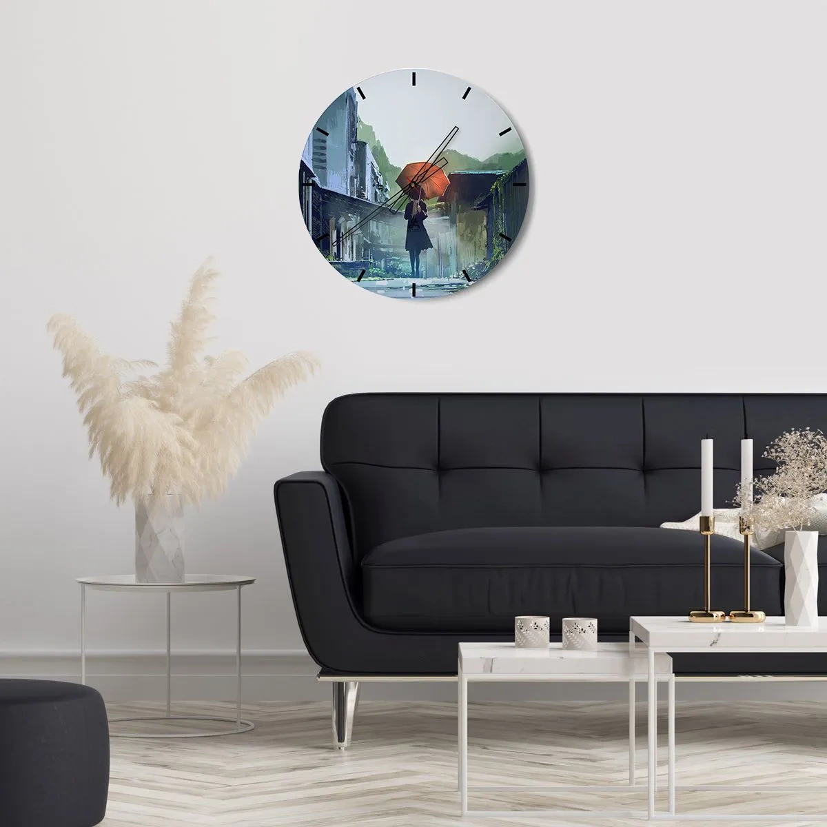 Nástenné hodiny - Postava s dáždnikom na daždivej ulici - 30x30cm - Oživujúci dážď - Moderná nástenná dekorácia do obývacej izby, kuchyne a spálne ARTTOR