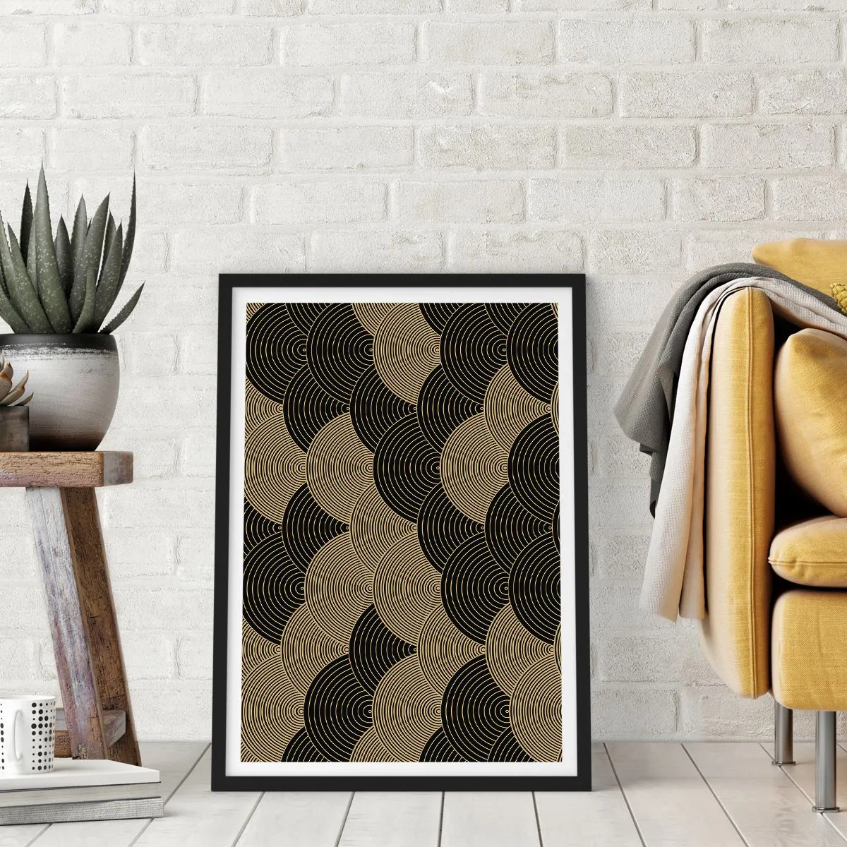 Plagát v čiernom ráme - Abstraktný vzor v čiernych a zlatých kruhoch - 50x70cm - Jednota v mnohosti - Moderná nástenná dekorácia do obývacej izby a spálne ARTTOR