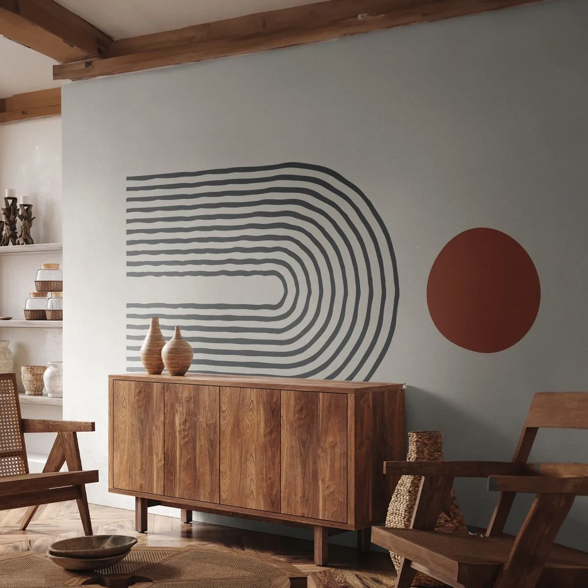 Fototapeta Standard Eco - Moderná abstrakcia s čiarami a červeným kruhom - 100x70cm - Magnetizmus tvarov a farieb - Moderná nástenná dekorácia do obývacej izby a spálne ARTTOR