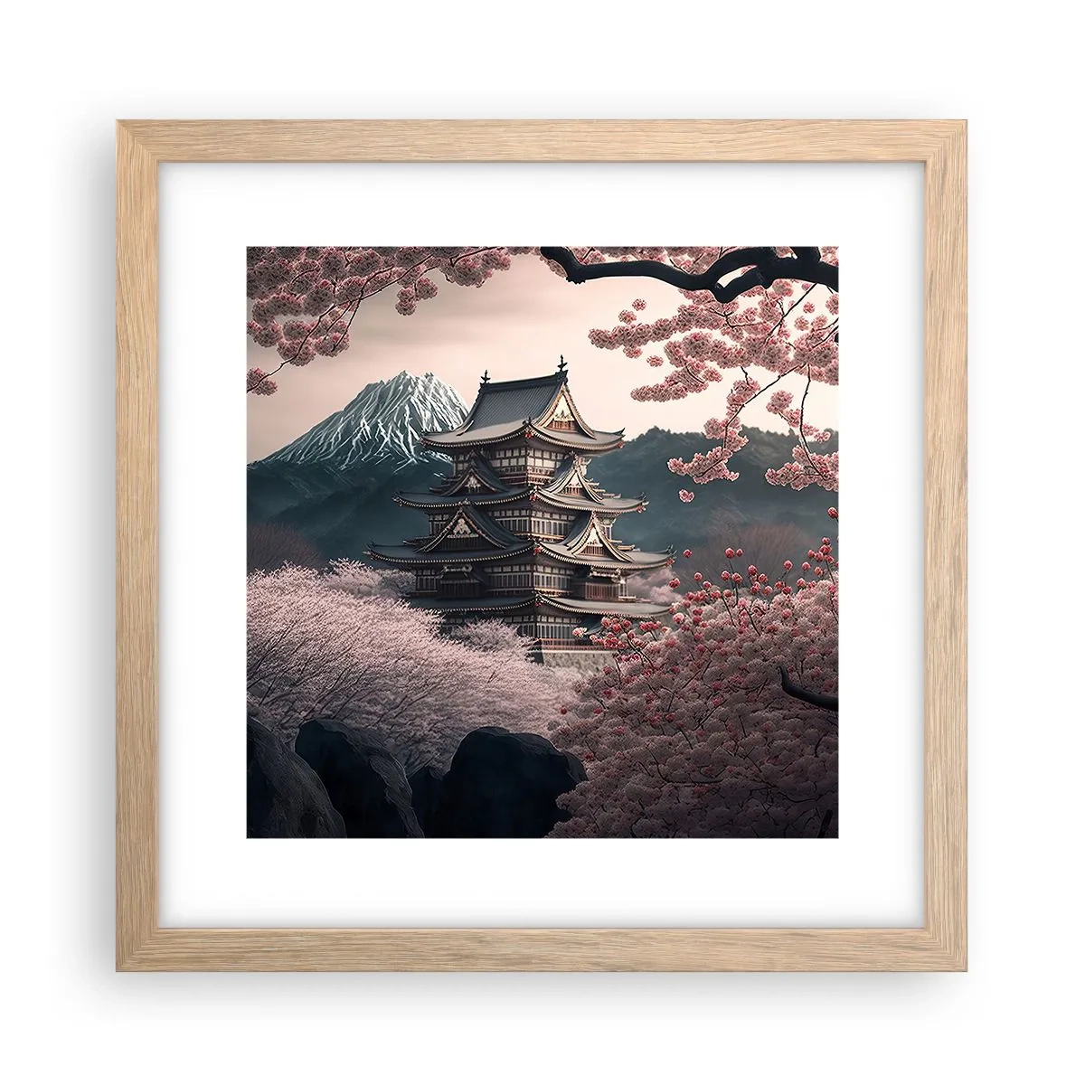 Plagát v ráme zo svetlého duba - Krajina kvitnúcich čerešní - 30x30 cm
