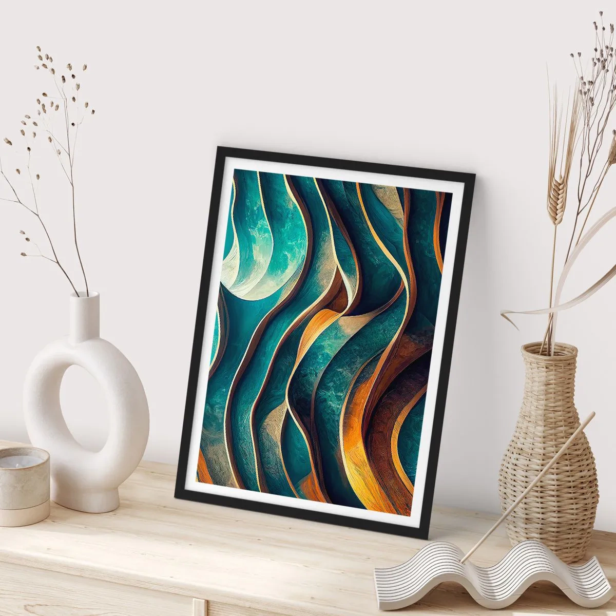 Plagát v čiernom ráme - Abstraktná kompozícia vlnitých tvarov v odtieňoch tyrkysovej. - 50x70cm - Meandre modrej - Moderná nástenná dekorácia do obývacej izby a spálne ARTTOR