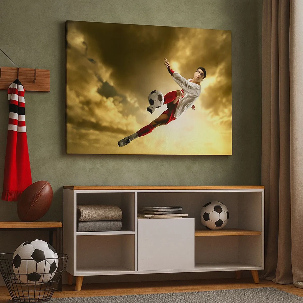 Obraz na plátne - Futbalista v dynamickom výskoku kope loptu proti oblohe - 70x50cm - Futbalové nebo - Moderná nástenná dekorácia do obývacej izby a spálne ARTTOR