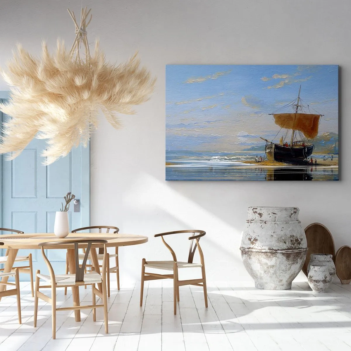 Obraz na plátne - Loď na pobreží za slnečného dňa - 70x50cm - Voda, zem, vzduch - Moderná nástenná dekorácia do obývacej izby a spálne ARTTOR