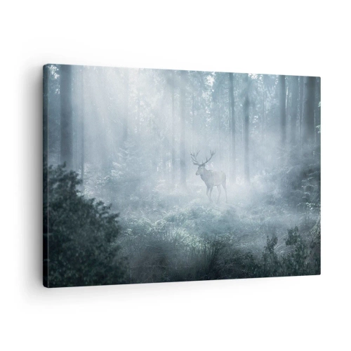 Obraz na plátne - Jeleň v hustom lese zahalenom v rannej hmle - 70x50cm - Ranná obchôdzka sídliska - Moderná nástenná dekorácia do obývacej izby a spálne ARTTOR